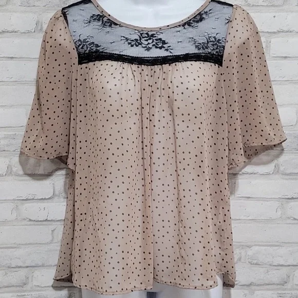 Paper Crane | Lace Panel Polka Dot Sheer Chiffon Blouse - Picture 2 of 7